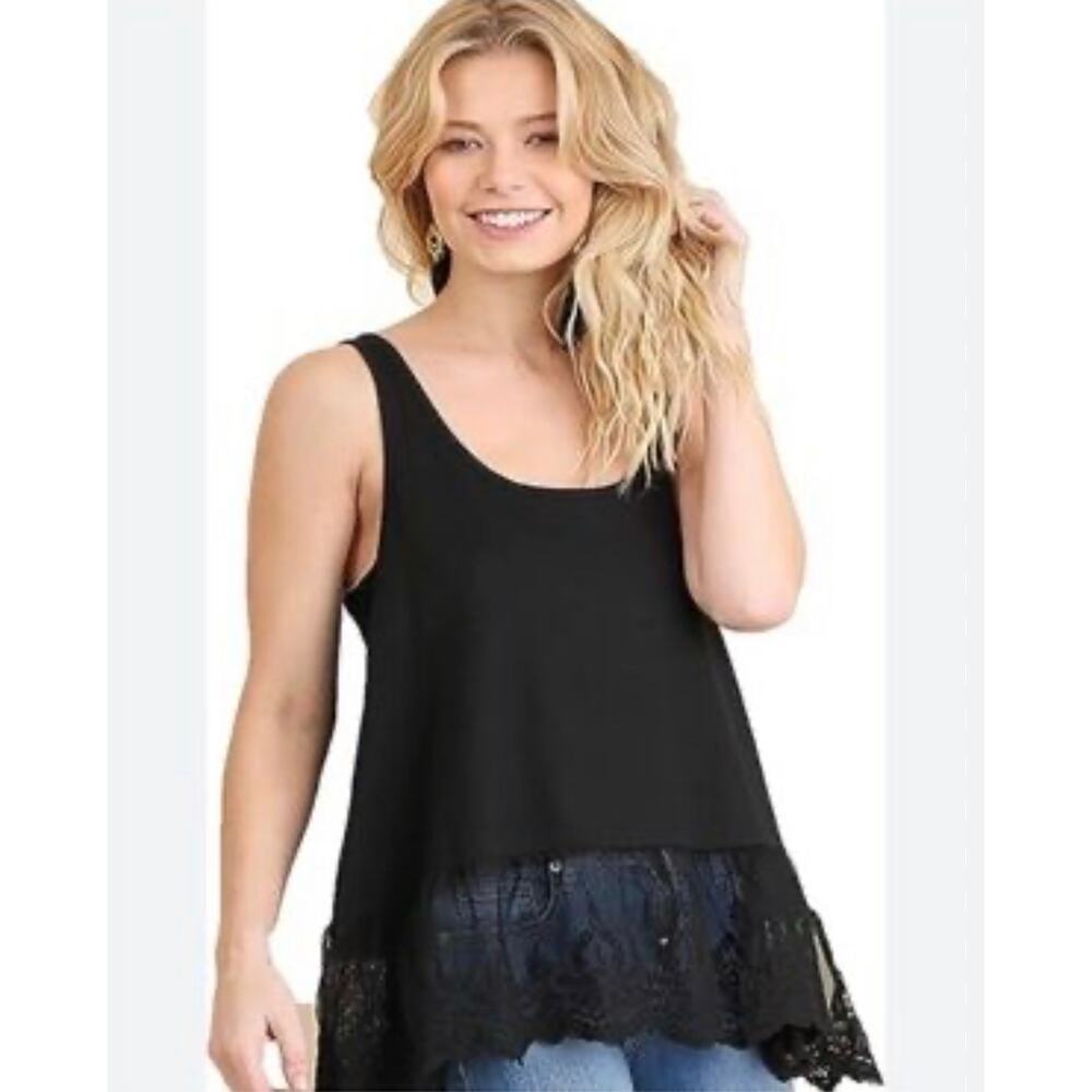 Umgee Black Scoop Neck Lace Trim Romantic Goth Boho Tank Top Size S Fairy Grunge